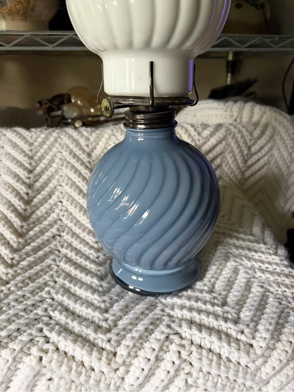Vintage Swirl Glass Oil Lamp - Blue and White